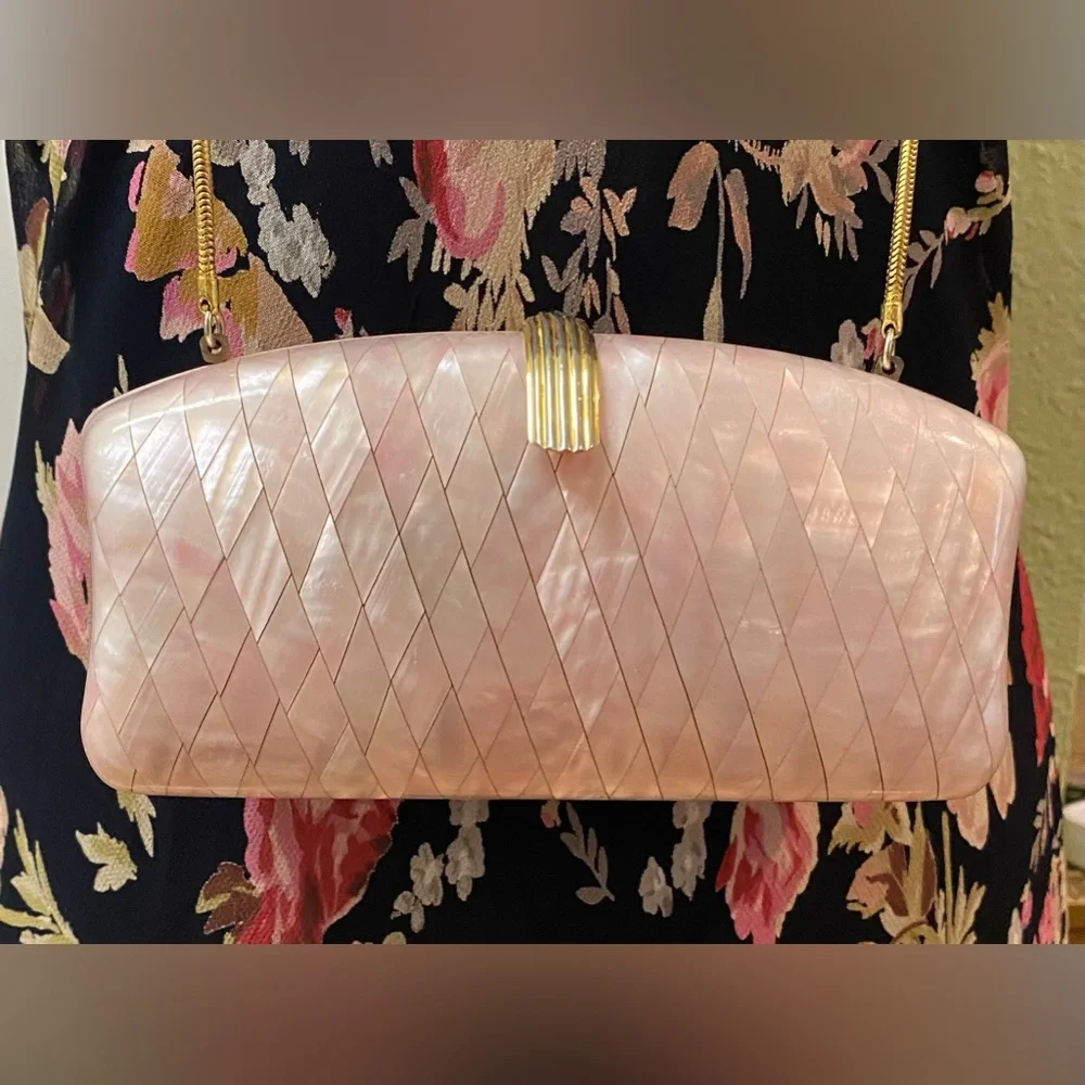 Vtg SAKS FIFTH AVE Italy Pink Mother of Pearl Small Clutch Shoulder Purse - Picture 2 of 7